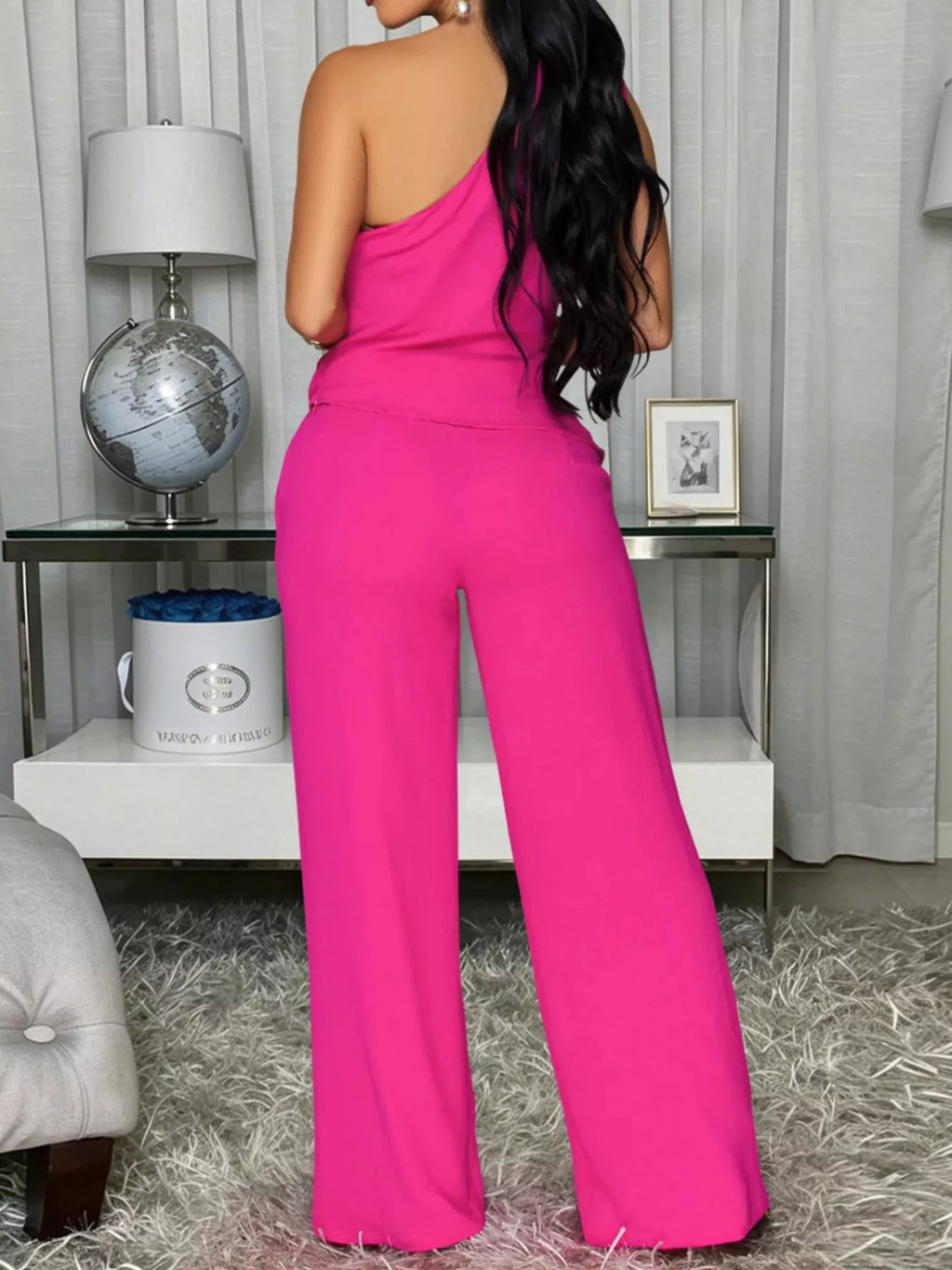 One shoulder top and wide leg pants set party outfit