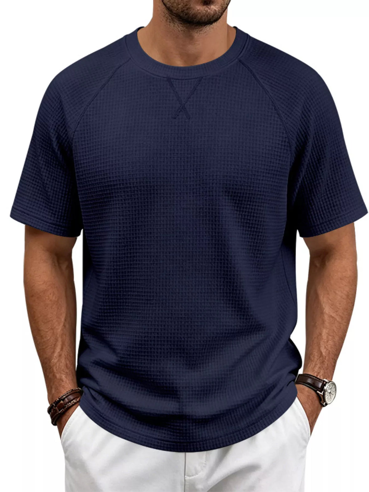 Men's plus size waffle knit t-shirt raglan sleeves