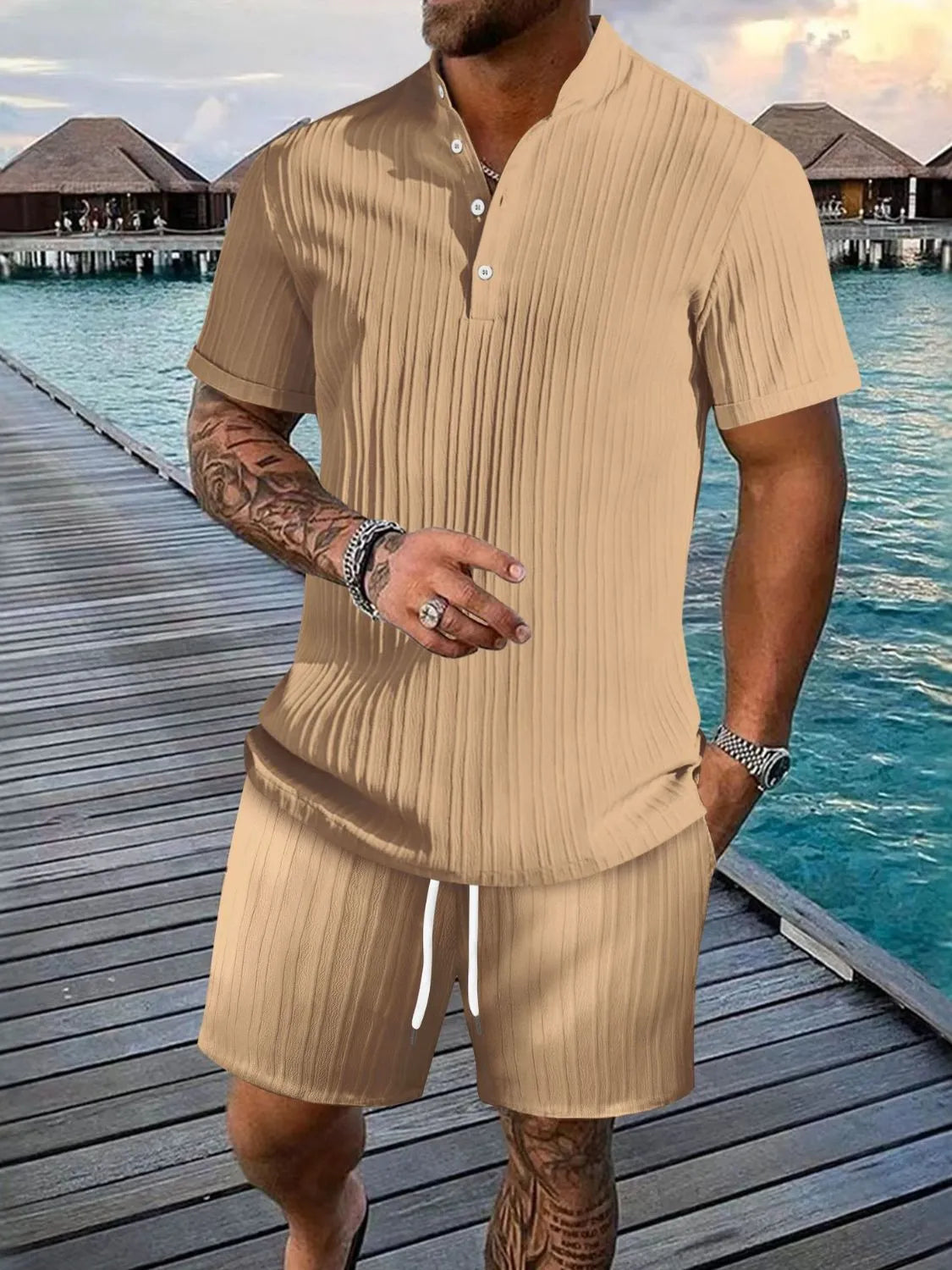 Men's plus size button detail top and shorts set button detail