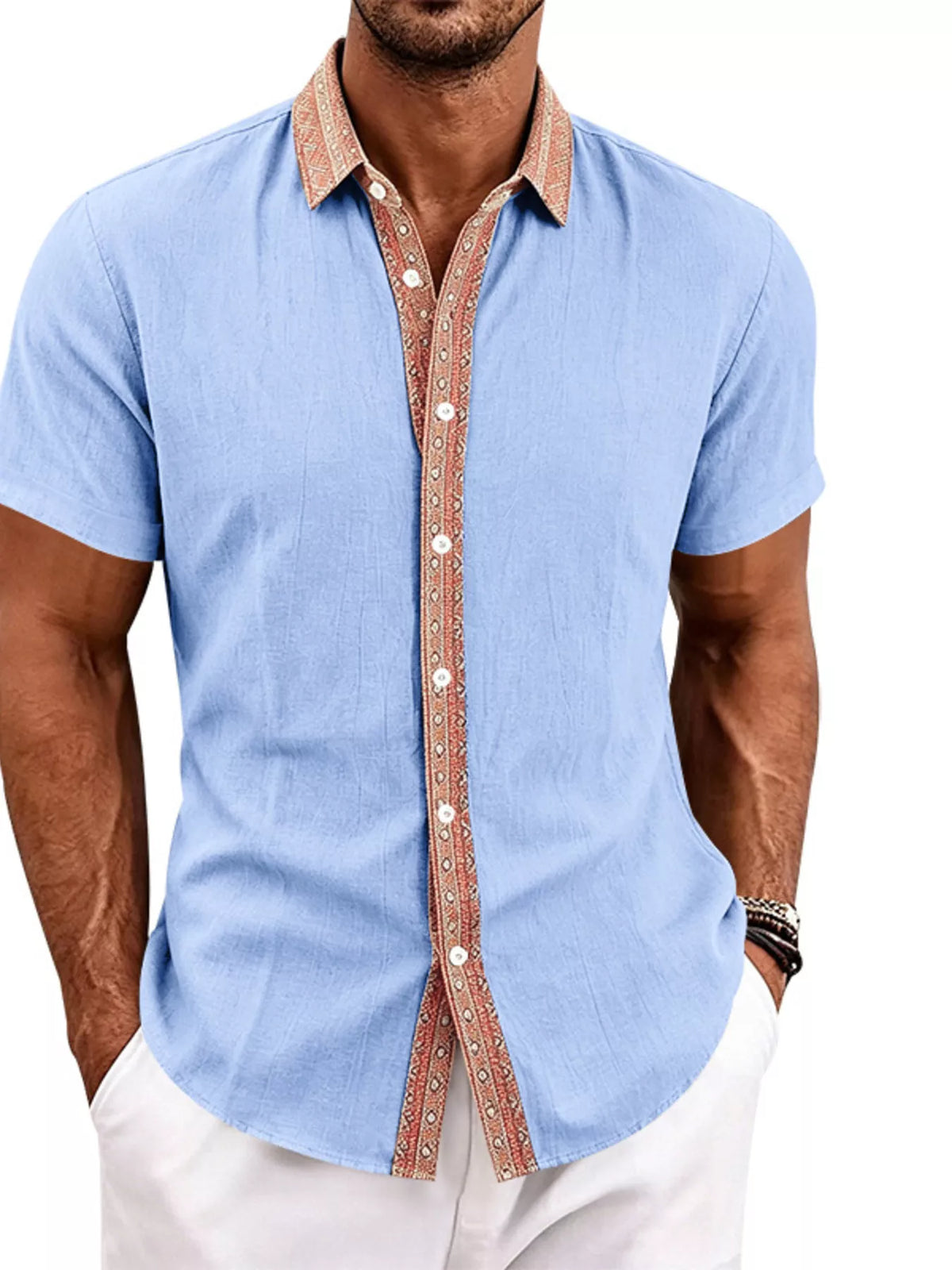 Men's plus size short sleeve linen shirt casual style
