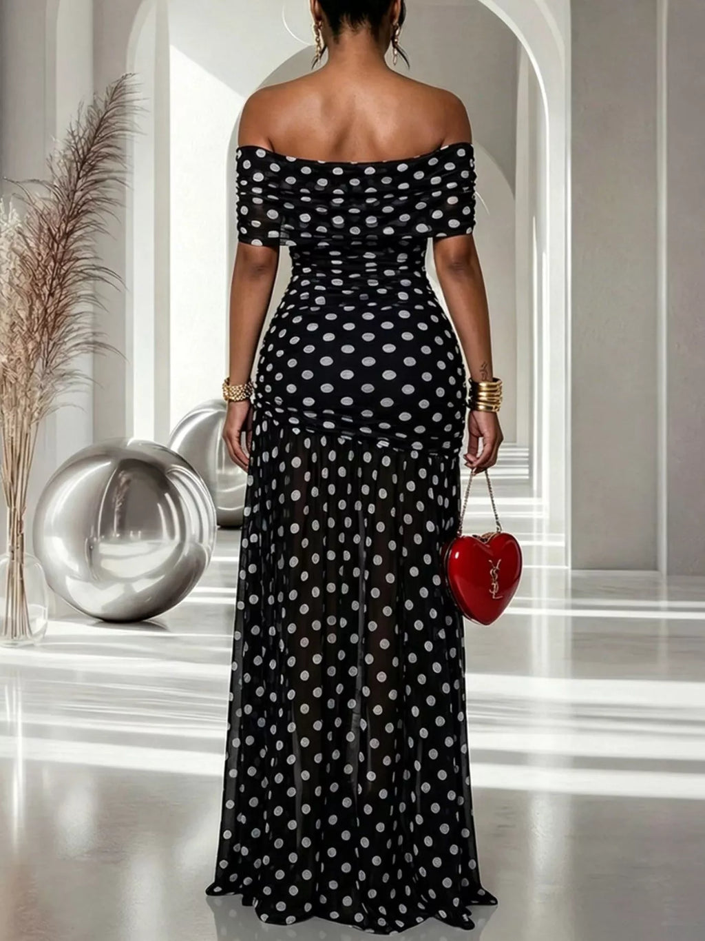 Polka dot off shoulder maxi dress front view