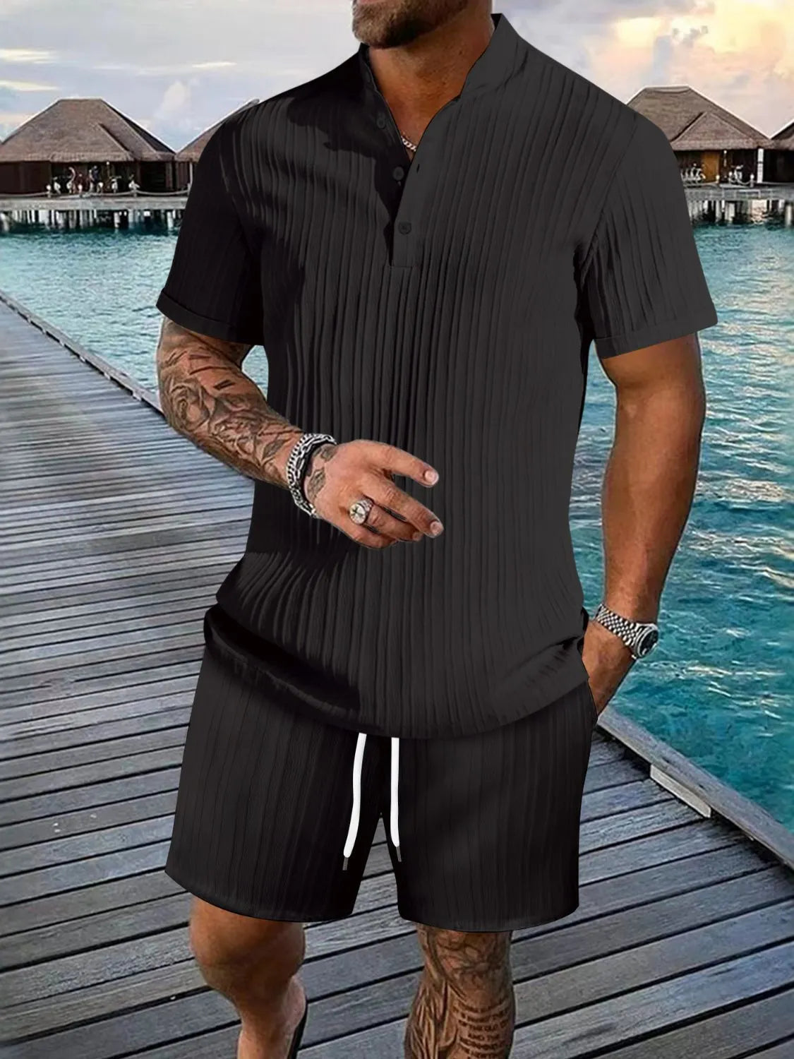 Men's plus size button detail top and shorts set casual outfit