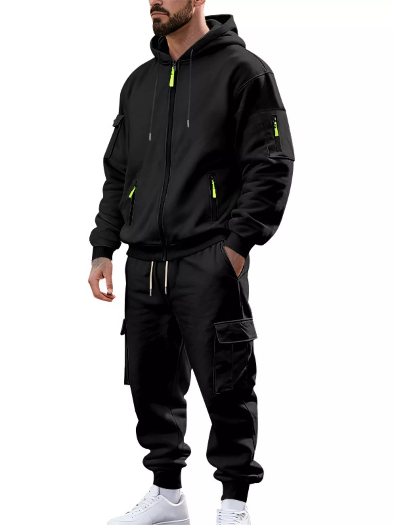 Men's plus size hoodie and cargo pants set cargo pockets