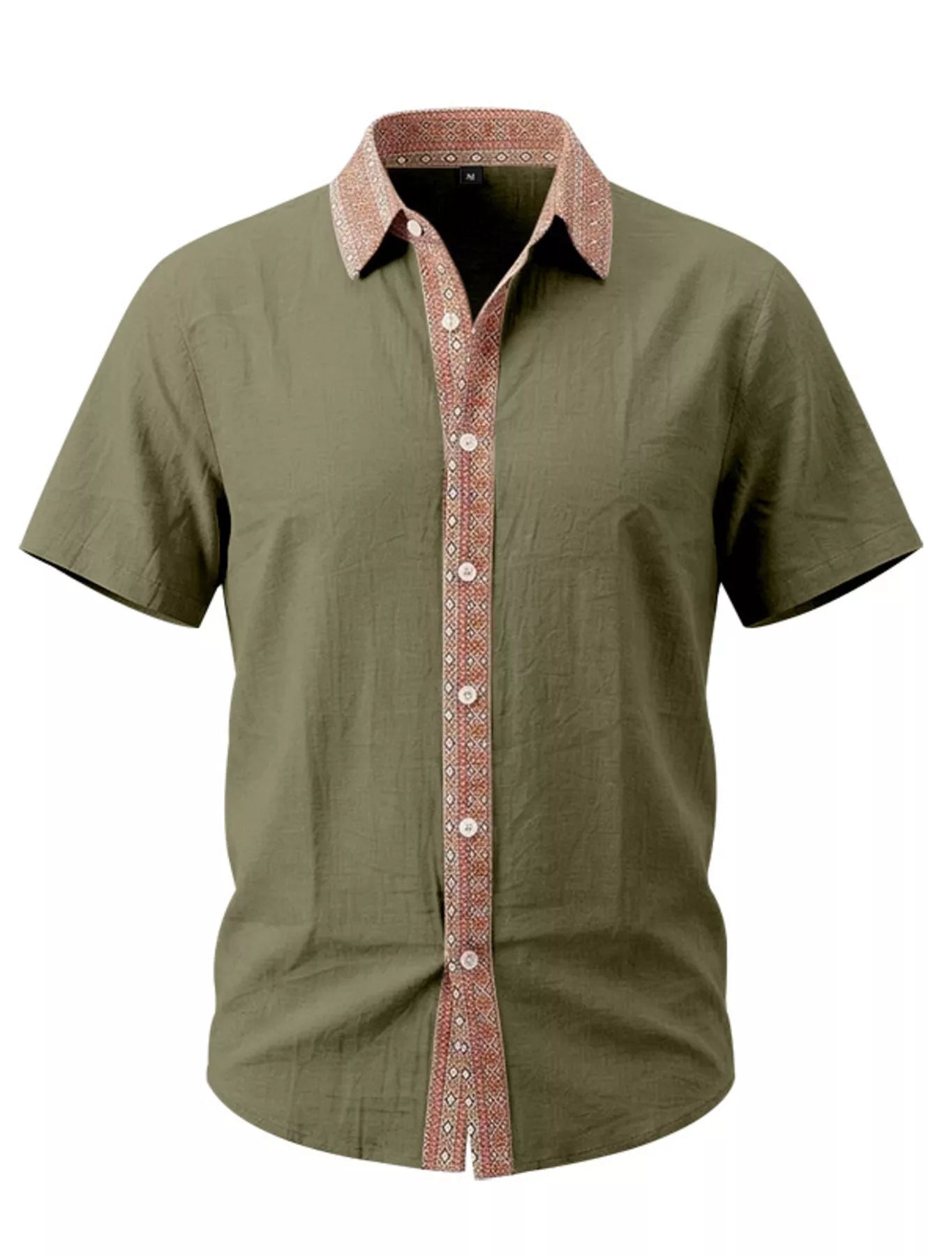 Men's plus size short sleeve linen shirt collar detail