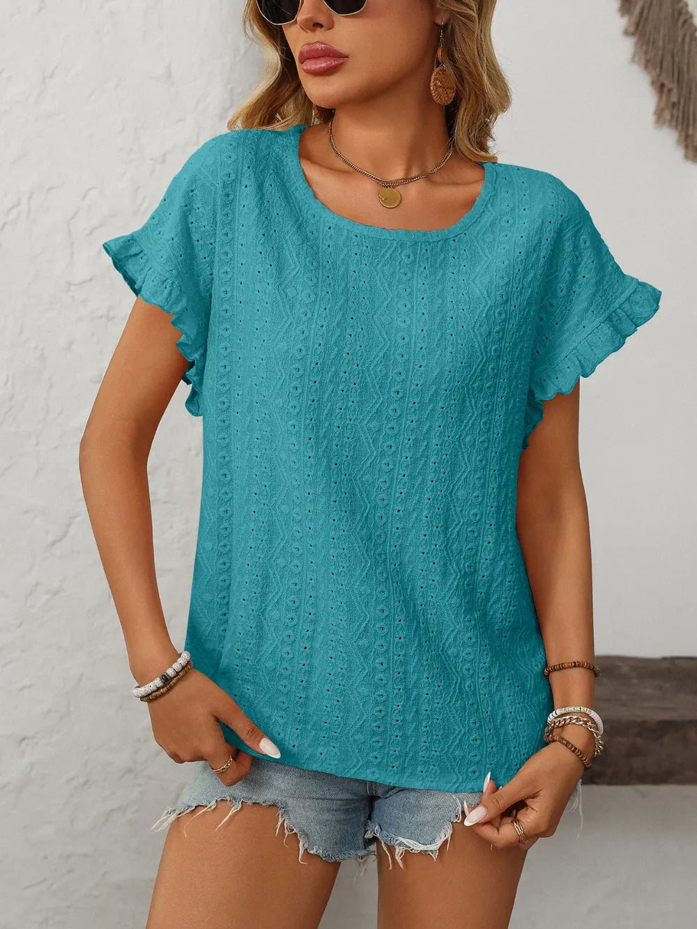 Eyelet short sleeve top lightweight summer top