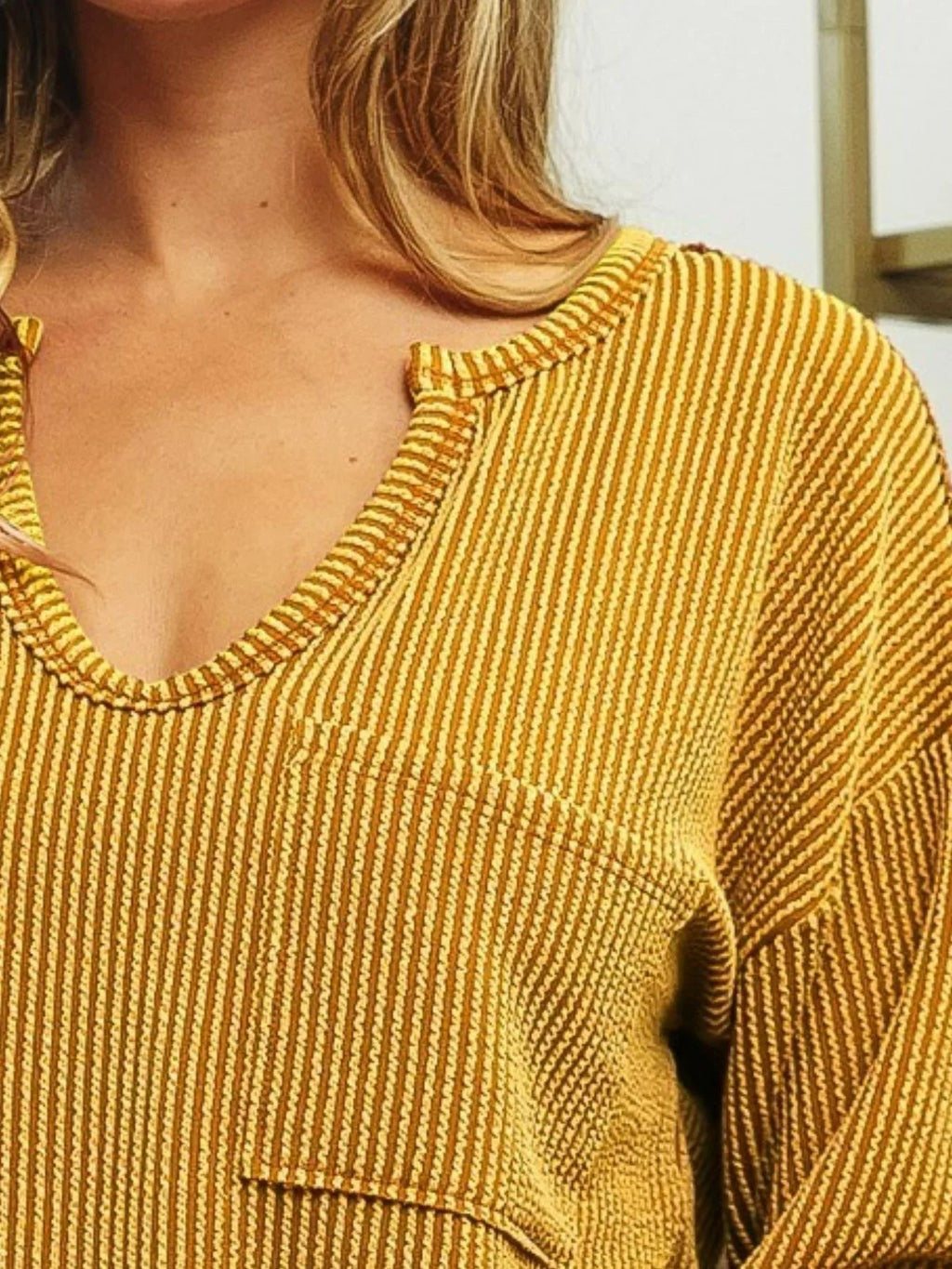 BiBi Wavy Two Tone Rib Notch Neck Patch Pocket Top - ELC Fashion