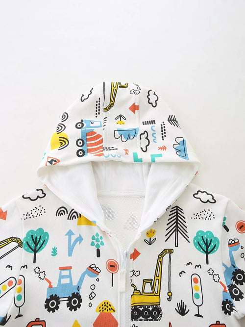 Children's Cartoon Construction Vehicle Print Zip - Up Jacket - ELC Fashion