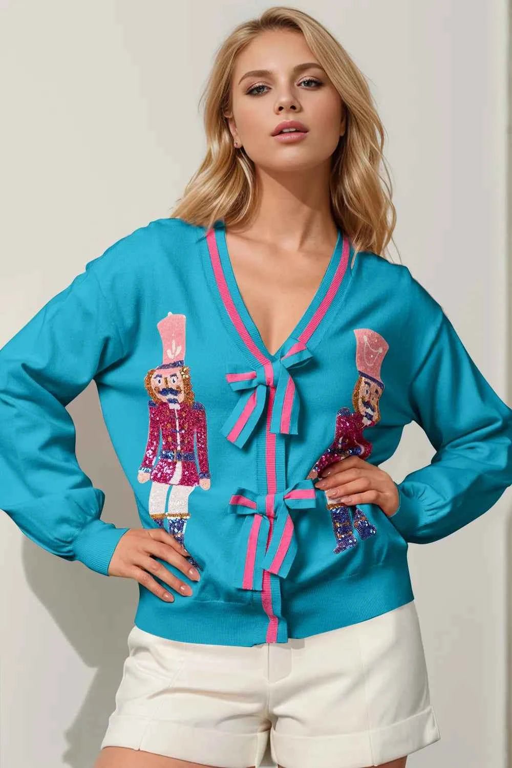 Double Take Full Size Nutcracker Sequin Bow Decor Cardigan - ELC Fashion