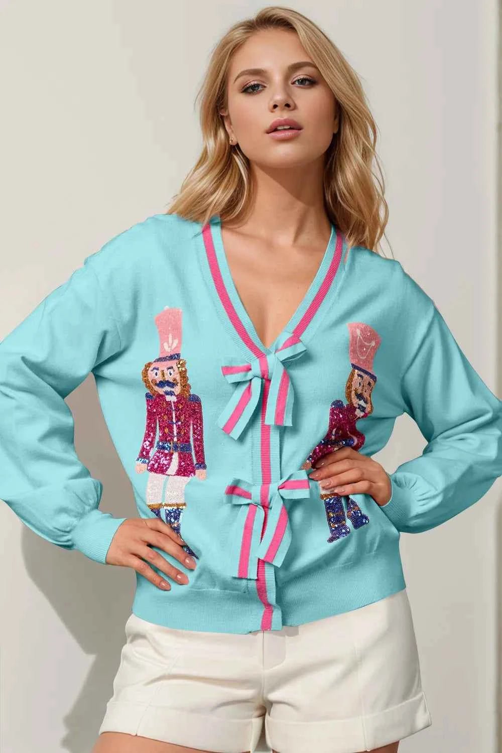 Double Take Full Size Nutcracker Sequin Bow Decor Cardigan - ELC Fashion