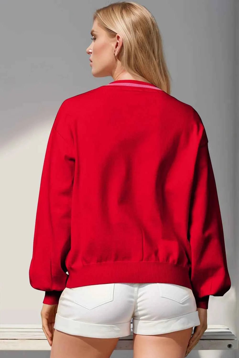 Double Take Full Size Nutcracker Sequin Bow Decor Cardigan - ELC Fashion