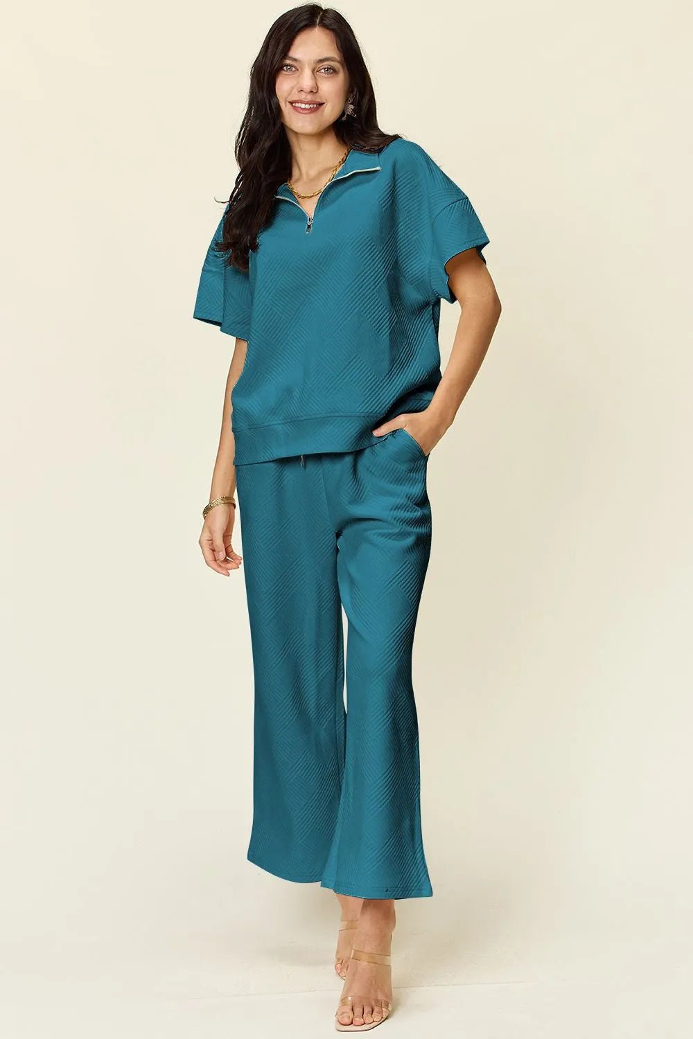 Double Take Full Size Texture Half Zip Short Sleeve Top and Pants Set - ELC Fashion