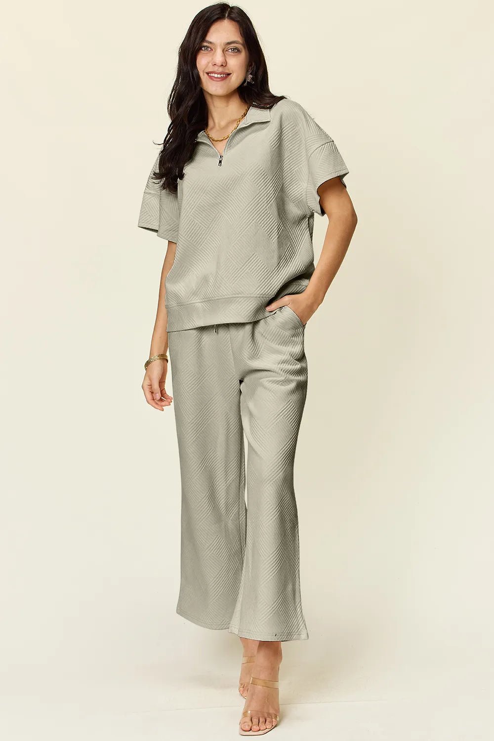 Double Take Full Size Texture Half Zip Short Sleeve Top and Pants Set - ELC Fashion