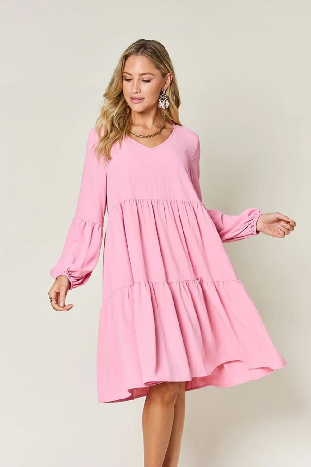 Double Take Full Size V - Neck Balloon Sleeve Tiered Dress with Pockets - ELC Fashion