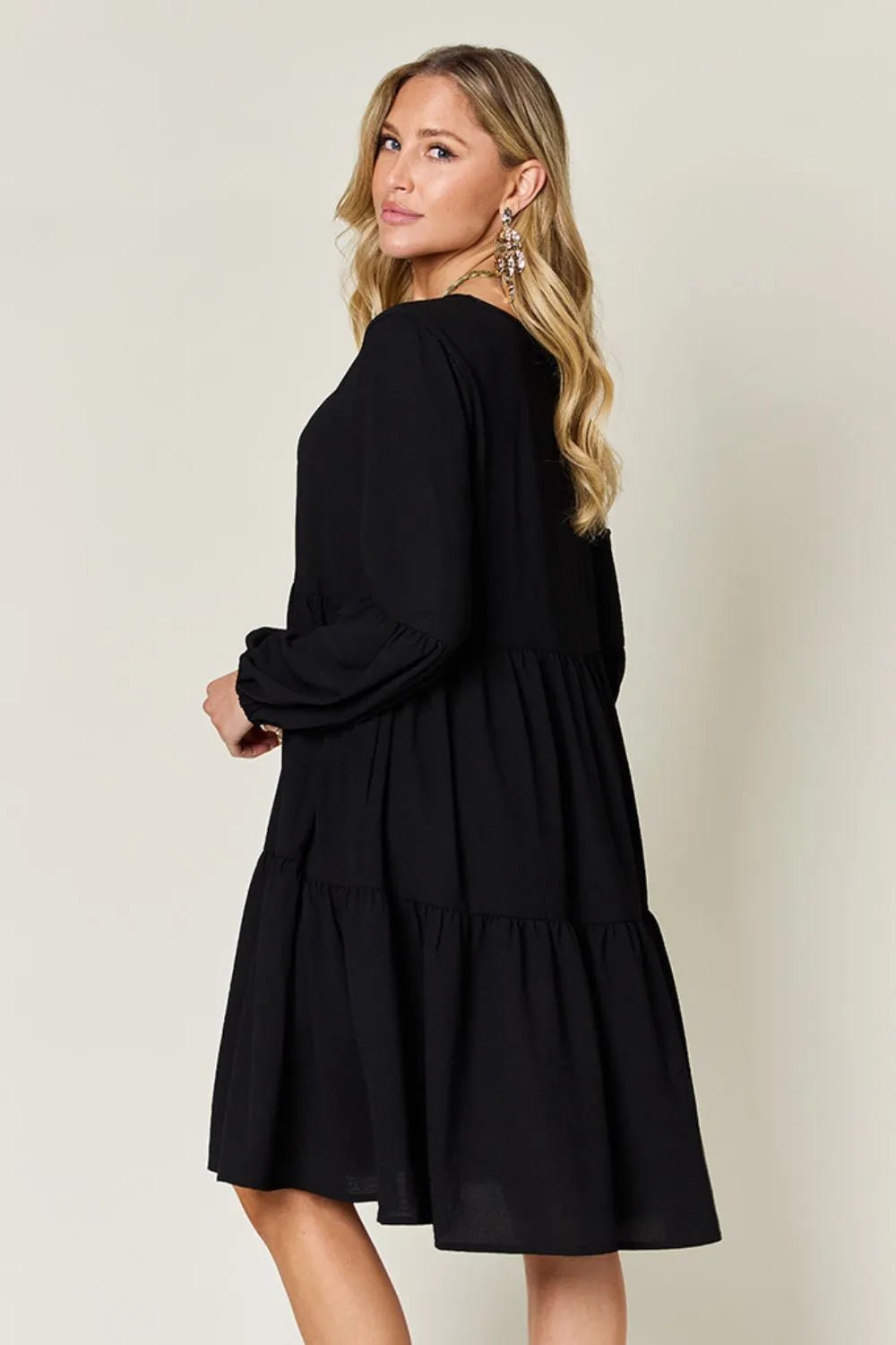 Double Take Full Size V - Neck Balloon Sleeve Tiered Dress with Pockets - ELC Fashion