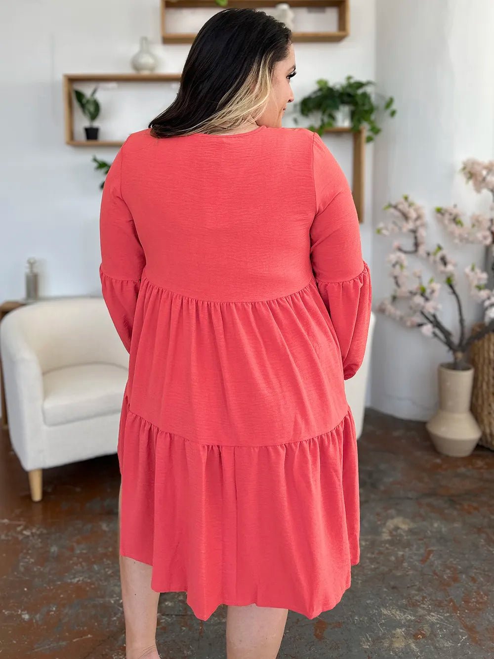 Double Take Full Size V - Neck Balloon Sleeve Tiered Dress with Pockets - ELC Fashion