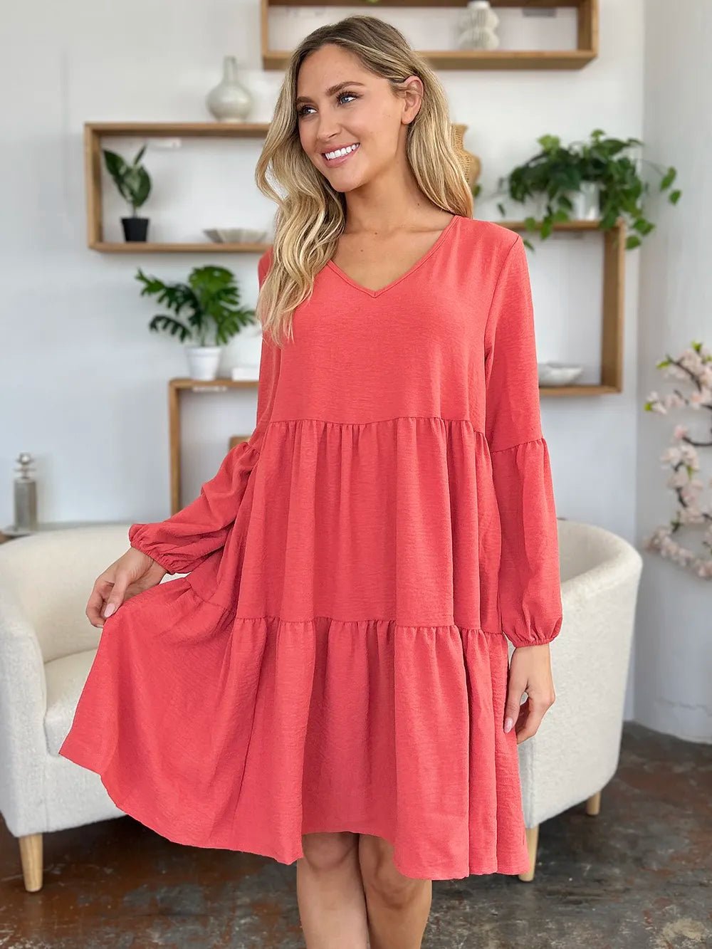 Double Take Full Size V - Neck Balloon Sleeve Tiered Dress with Pockets - ELC Fashion