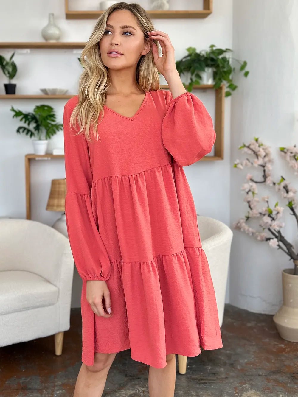 Double Take Full Size V - Neck Balloon Sleeve Tiered Dress with Pockets - ELC Fashion