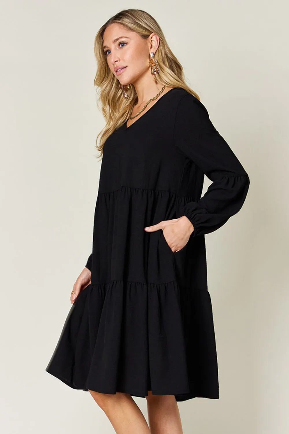 Double Take Full Size V - Neck Balloon Sleeve Tiered Dress with Pockets - ELC Fashion