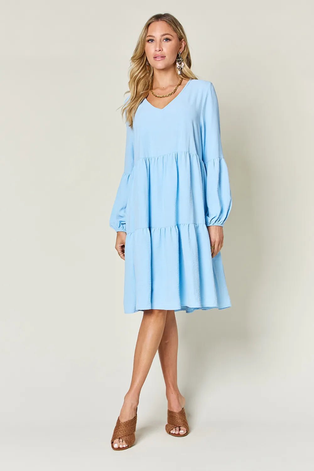 Double Take Full Size V - Neck Balloon Sleeve Tiered Dress with Pockets - ELC Fashion