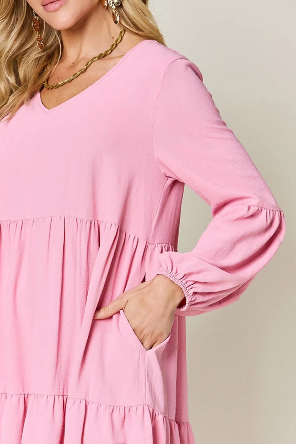 Double Take Full Size V - Neck Balloon Sleeve Tiered Dress with Pockets - ELC Fashion
