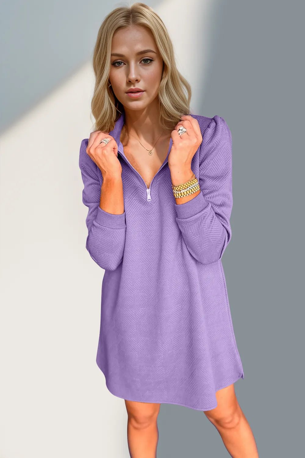 Double Take Textured Quarter Zip Long Sleeve Dress - ELC Fashion