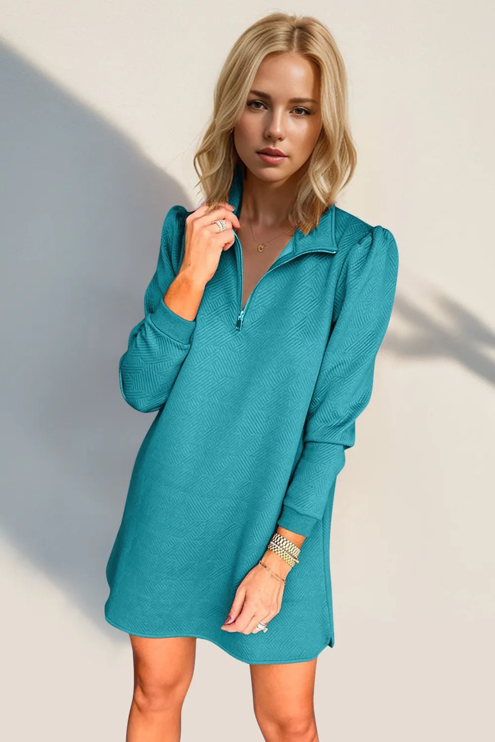 Double Take Textured Quarter Zip Long Sleeve Dress - ELC Fashion