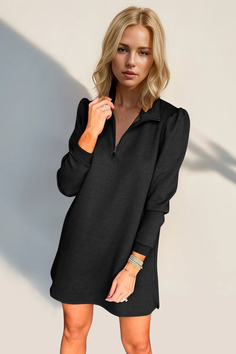Double Take Textured Quarter Zip Long Sleeve Dress - ELC Fashion