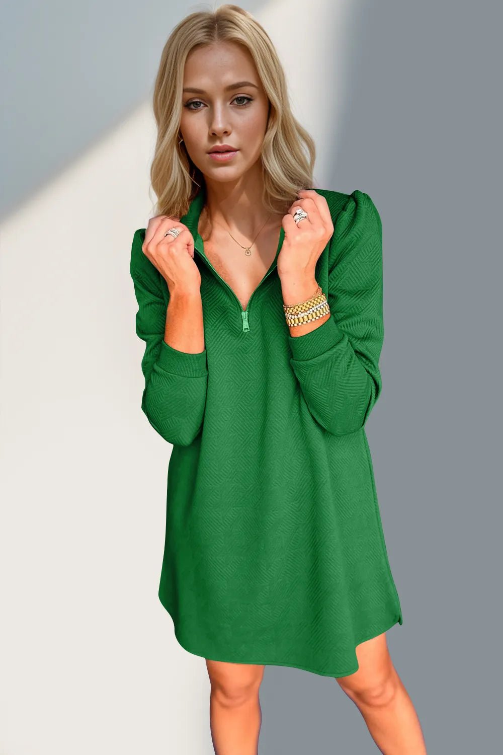 Double Take Textured Quarter Zip Long Sleeve Dress - ELC Fashion