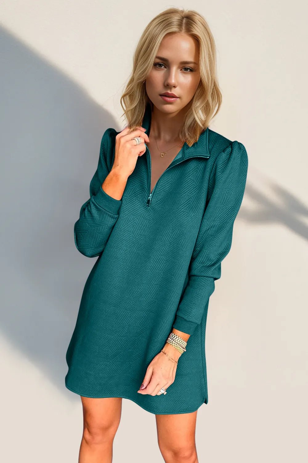 Double Take Textured Quarter Zip Long Sleeve Dress - ELC Fashion