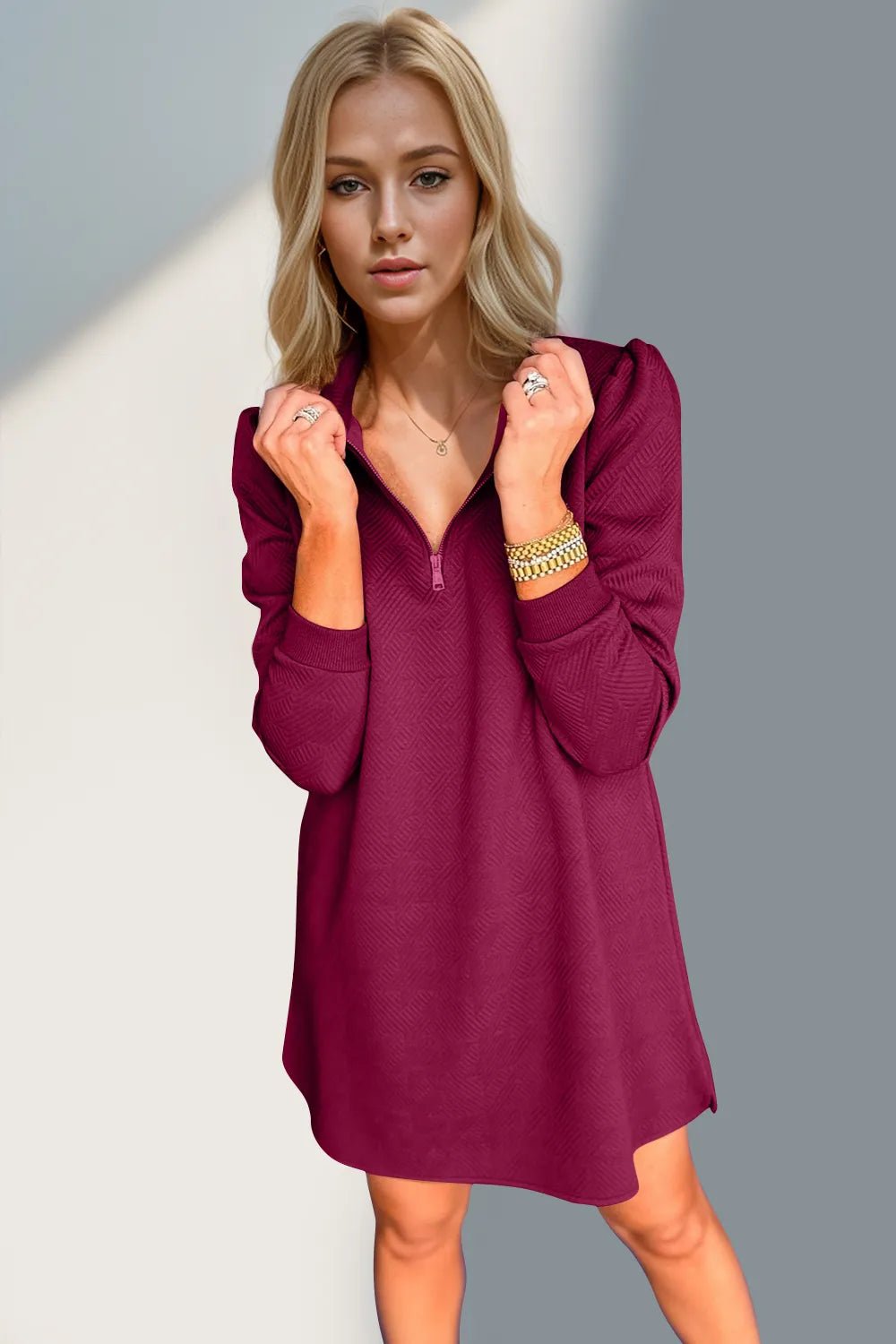 Double Take Textured Quarter Zip Long Sleeve Dress - ELC Fashion