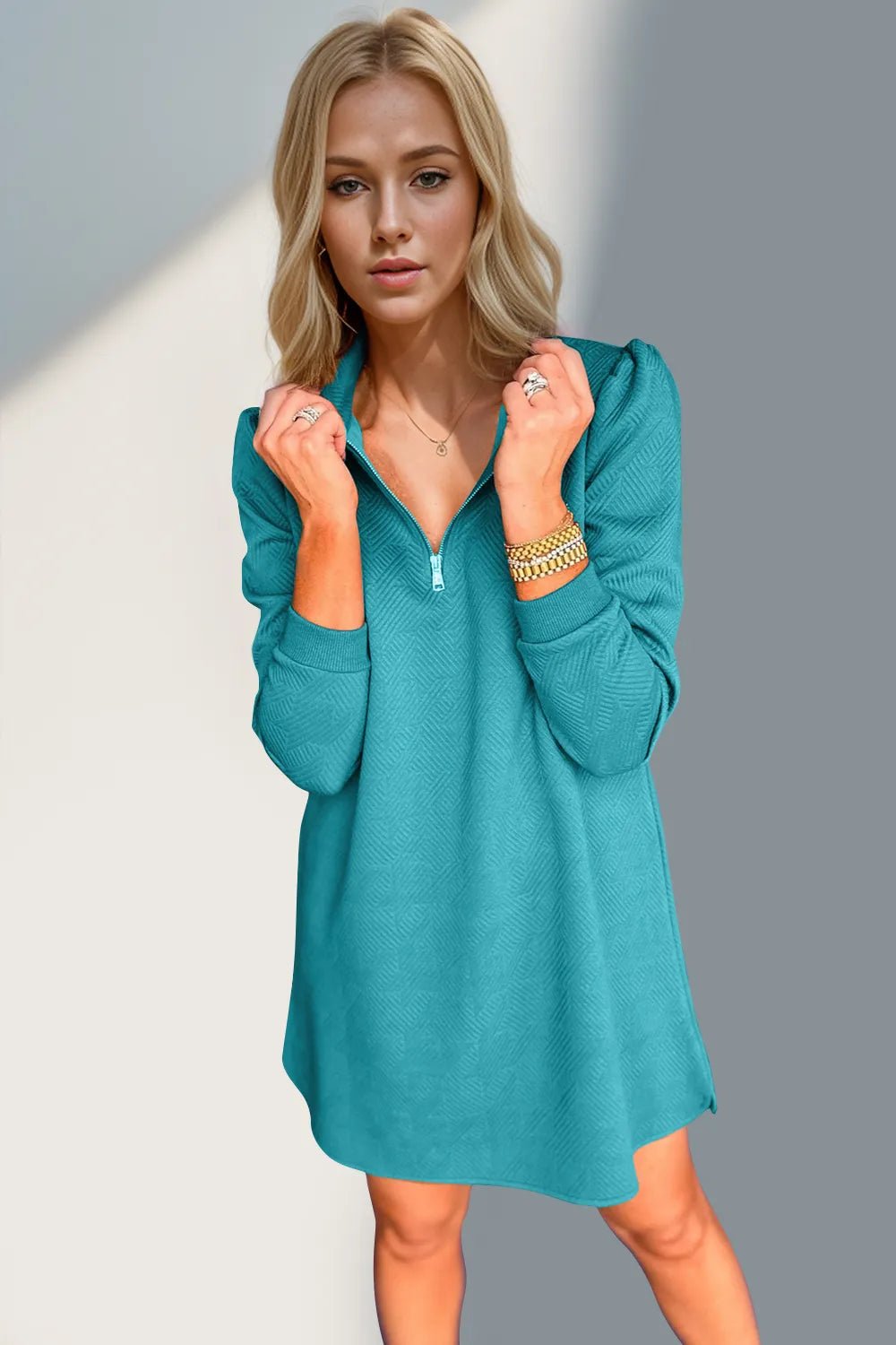 Double Take Textured Quarter Zip Long Sleeve Dress - ELC Fashion