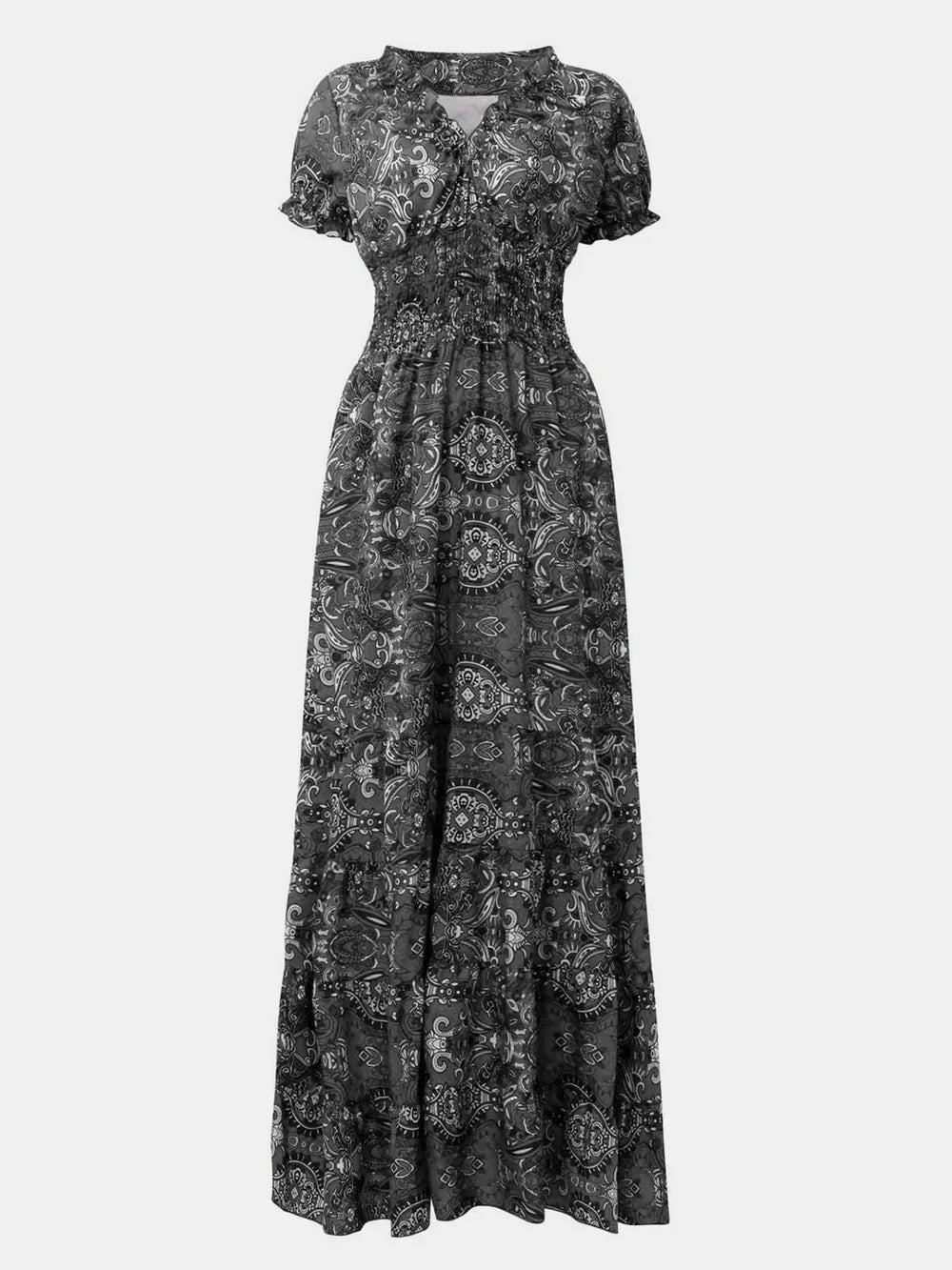 ELC Atelier Executive Inclusive Fit Smocked Printed V - Neck Short Sl — Prestige Edit - ELC Fashion
