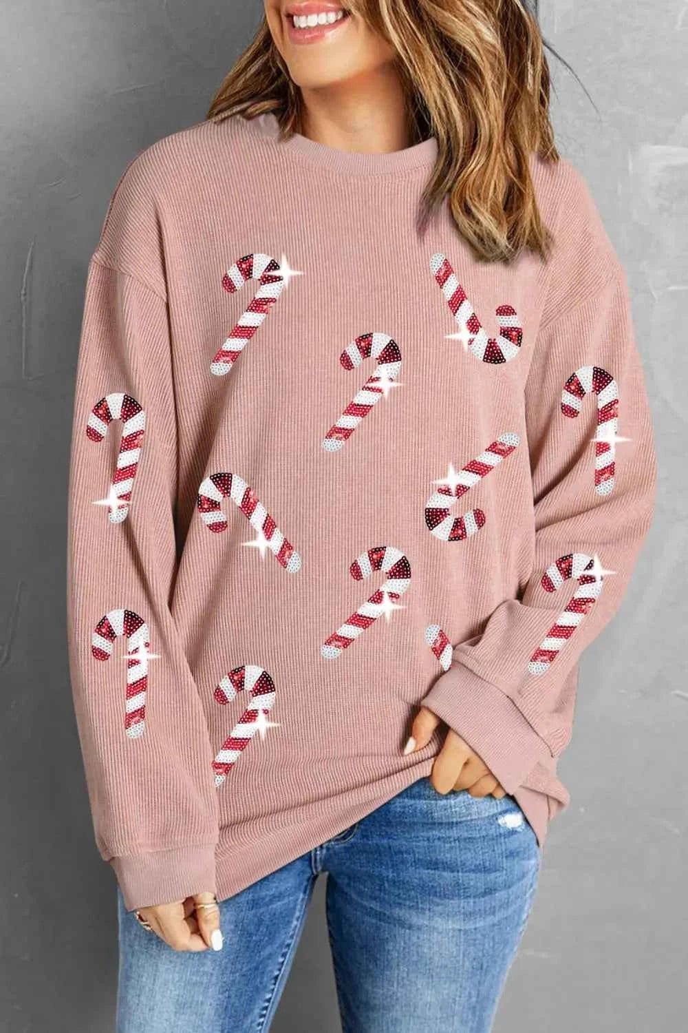 ELC Atelier Refined Sequin Candy Cane Round Neck Sweatshirt — Prestige Edit - ELC Fashion