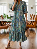 Full Size Bohemian Paisley Print Ruffle Hem Midi Dress Plus Size - ELC Fashion