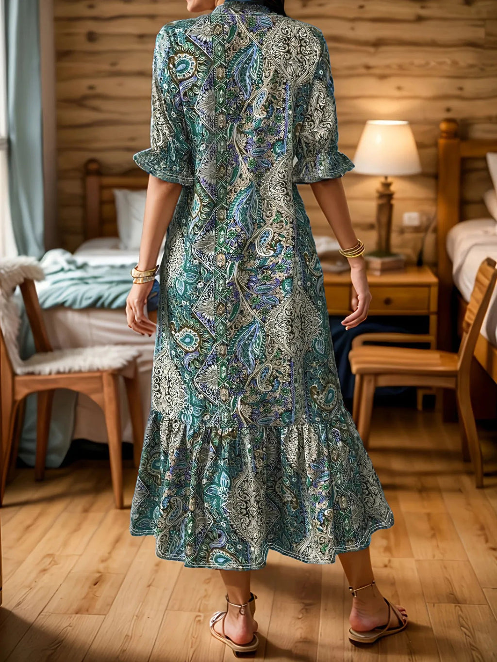 Full Size Bohemian Paisley Print Ruffle Hem Midi Dress Plus Size - ELC Fashion