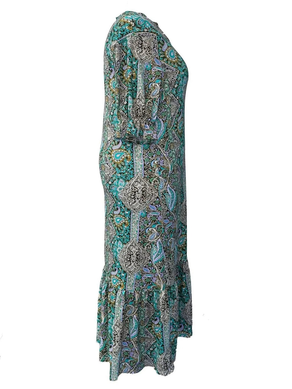 Full Size Bohemian Paisley Print Ruffle Hem Midi Dress Plus Size - ELC Fashion