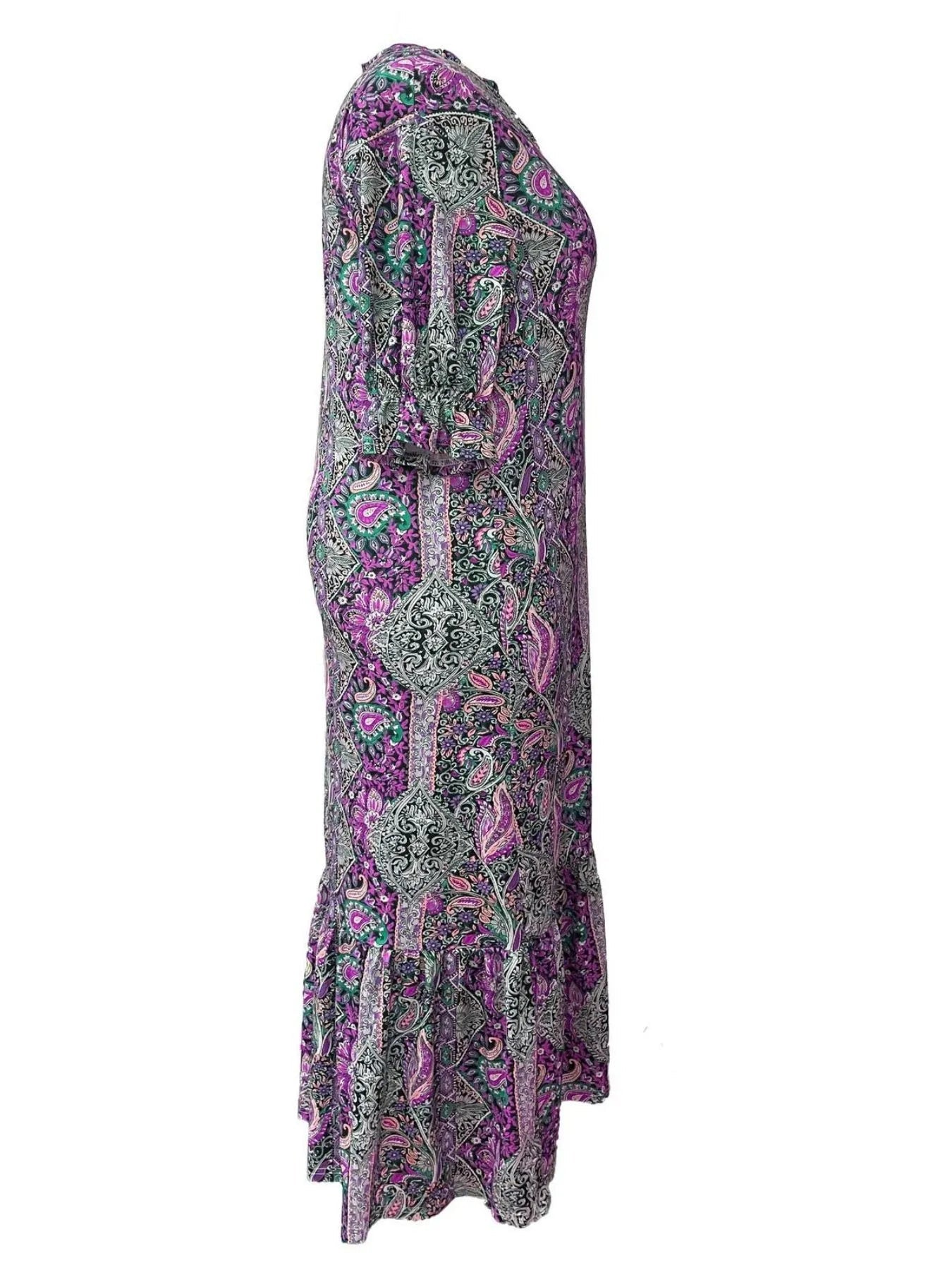 Full Size Bohemian Paisley Print Ruffle Hem Midi Dress Plus Size - ELC Fashion
