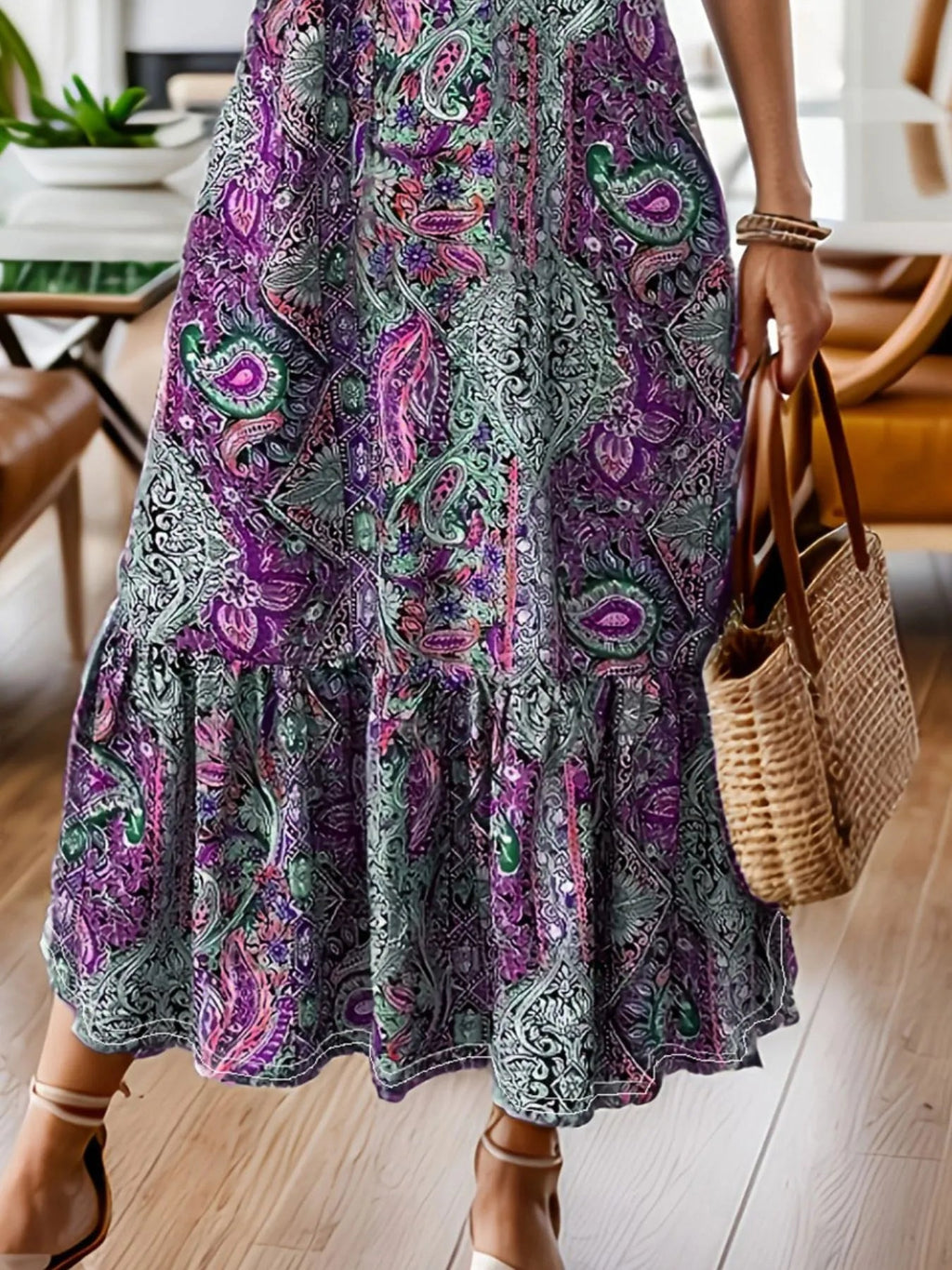 Full Size Bohemian Paisley Print Ruffle Hem Midi Dress Plus Size - ELC Fashion
