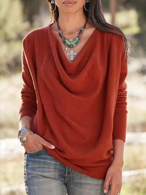 Full Size Cowl Neck Long Sleeve Top - ELC Fashion