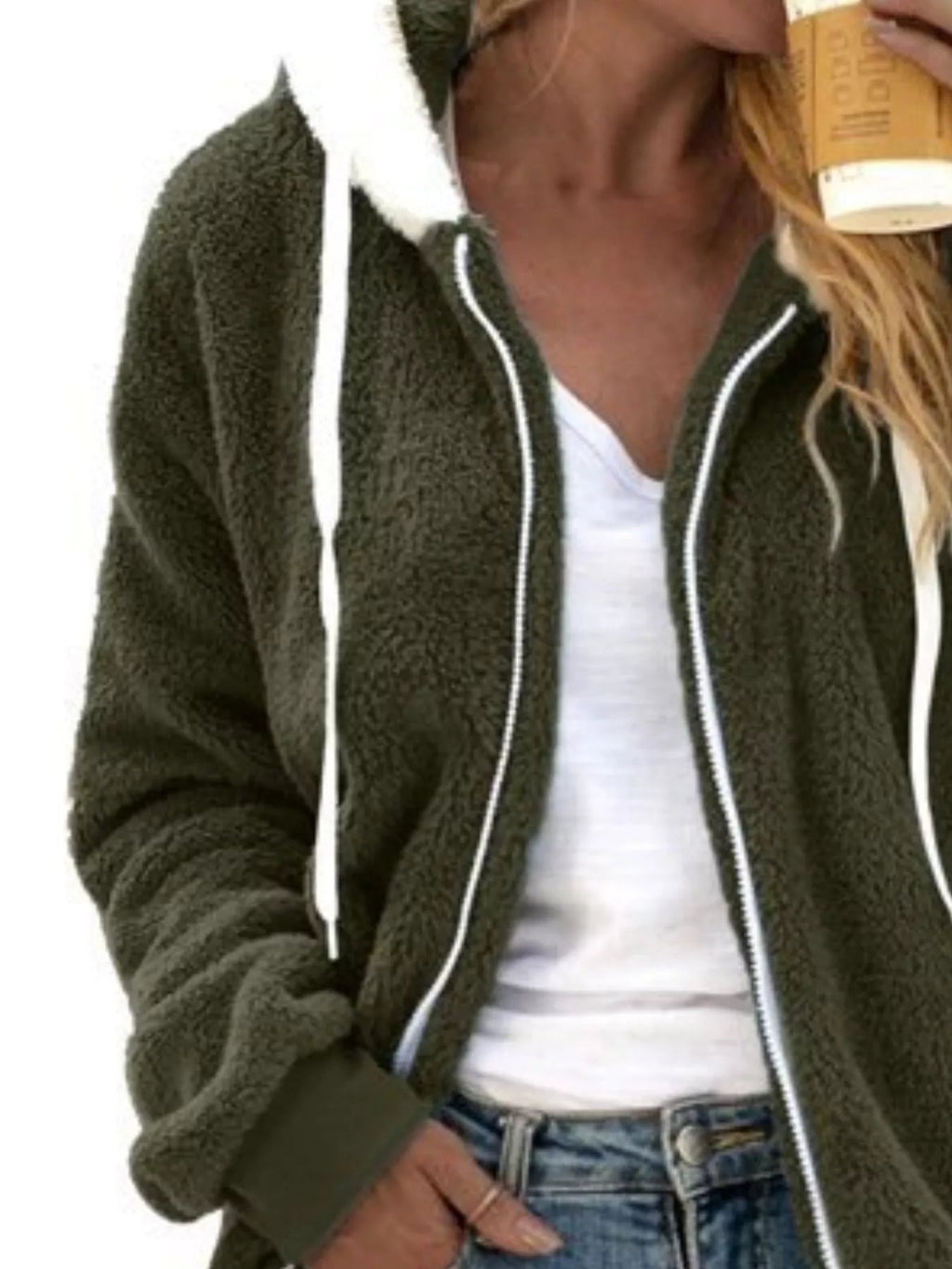 Full Size Cozy Fleece Zip - Up Hooded Jacket - ELC Fashion