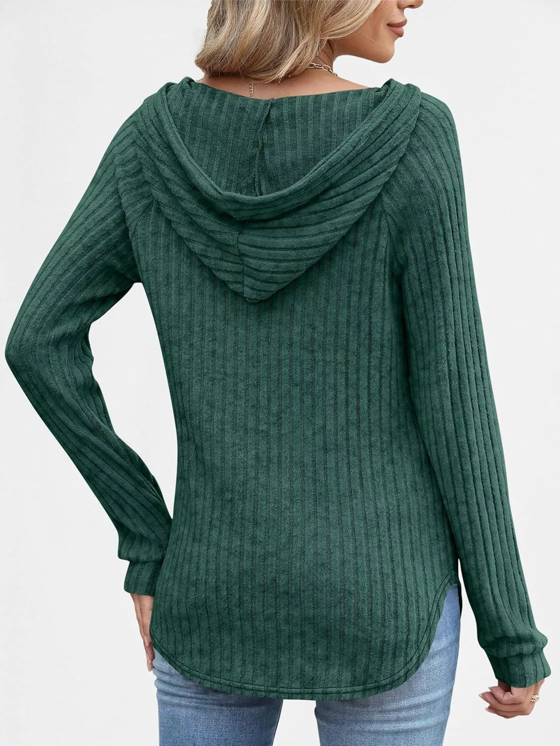Full Size Ribbed Knit Button Detail Hooded Top Plus Size - ELC Fashion