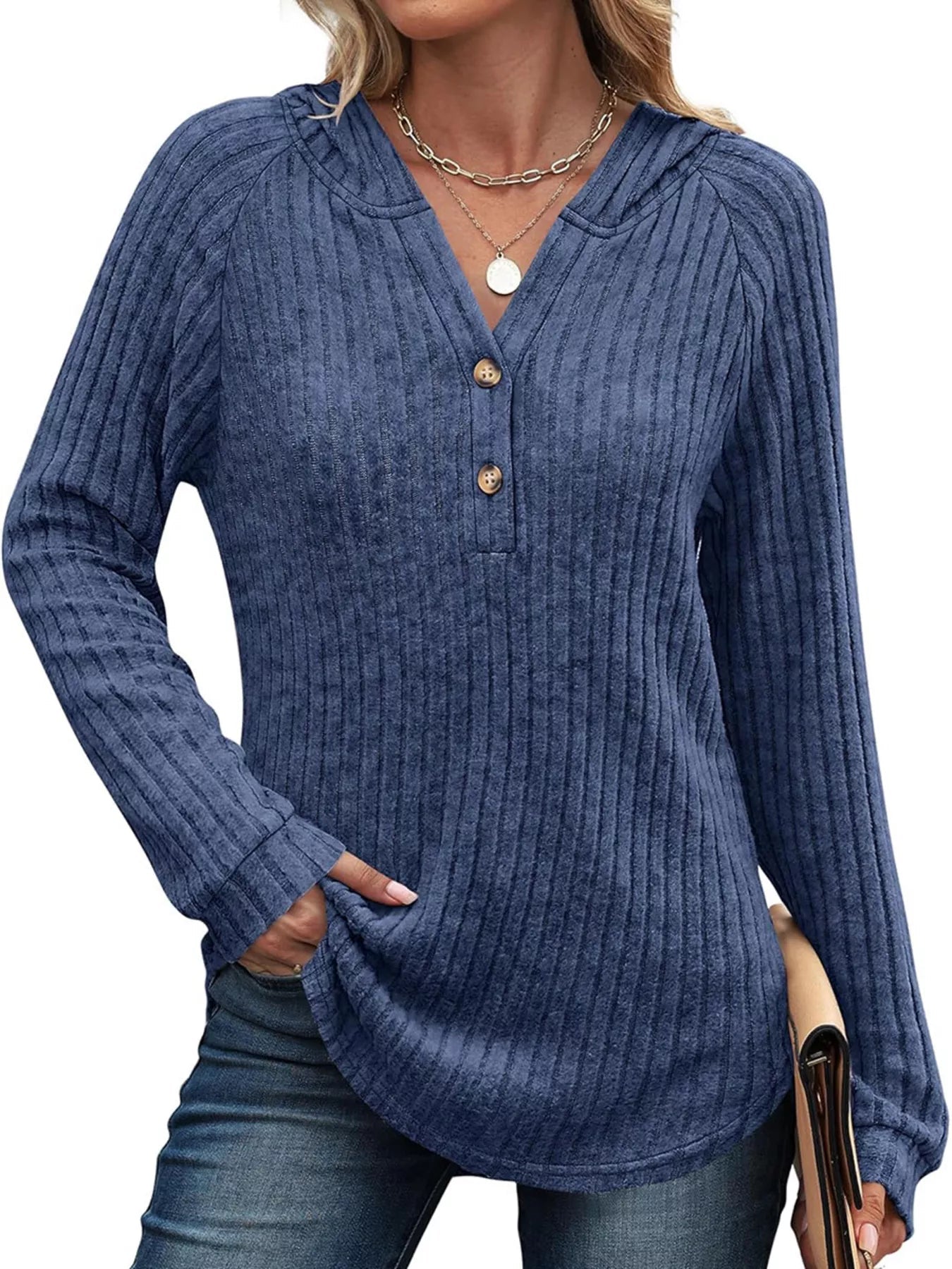 Full Size Ribbed Knit Button Detail Hooded Top Plus Size - ELC Fashion