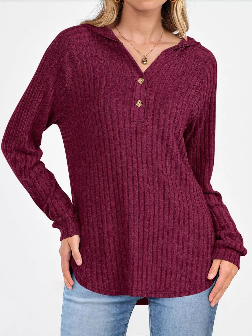 Full Size Ribbed Knit Button Detail Hooded Top Plus Size - ELC Fashion