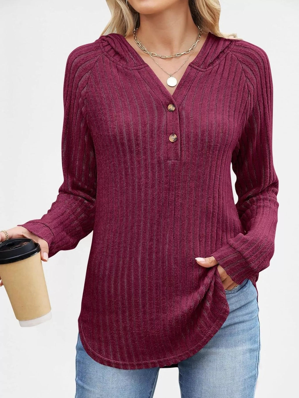 Full Size Ribbed Knit Button Detail Hooded Top Plus Size - ELC Fashion