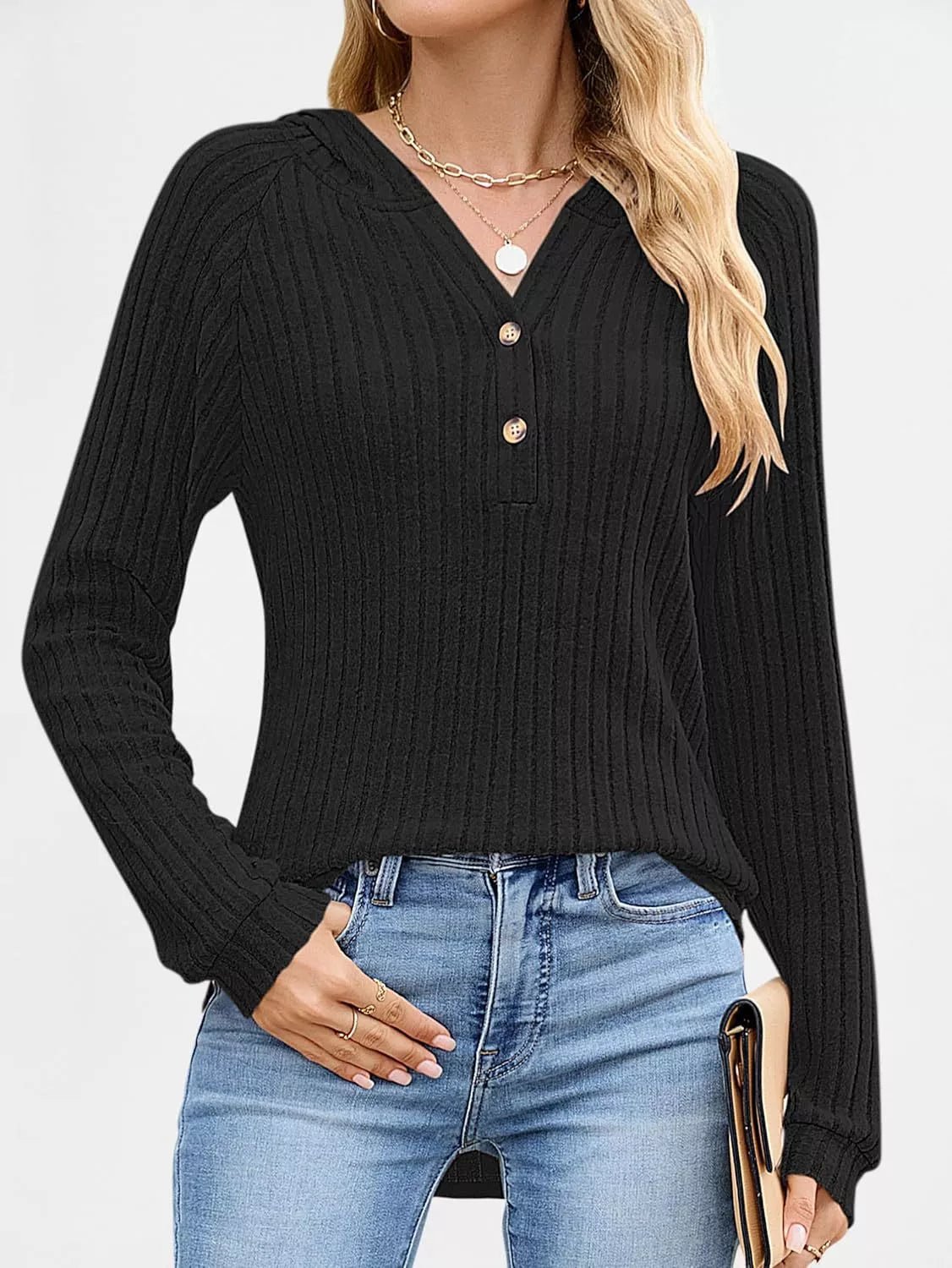 Full Size Ribbed Knit Button Detail Hooded Top Plus Size - ELC Fashion
