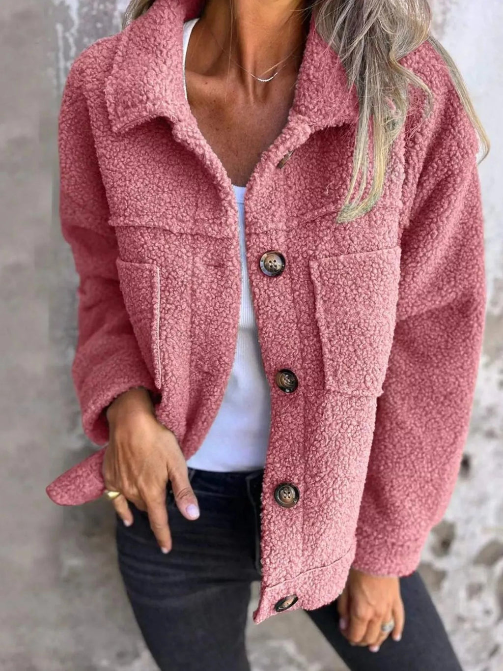 Full Size Single - Breasted Sherpa Shacket Plus Size - ELC Fashion