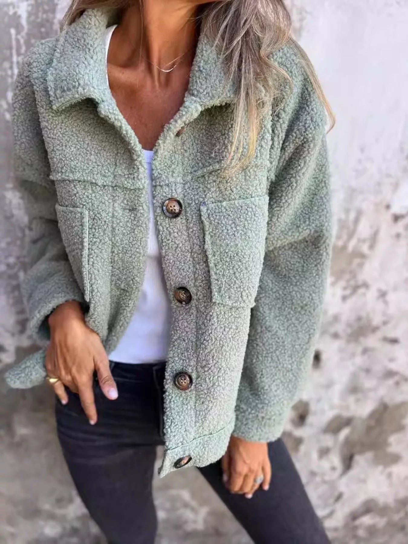 Full Size Single - Breasted Sherpa Shacket Plus Size - ELC Fashion