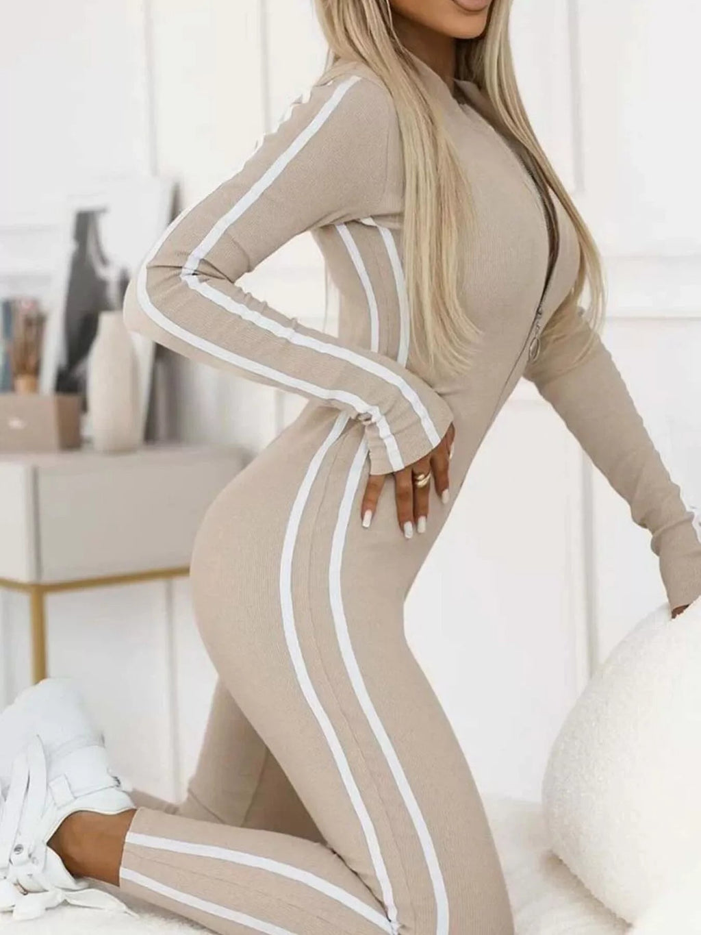 Full Size Stripe Zip - Front Long Sleeve Jumpsuit - ELC Fashion