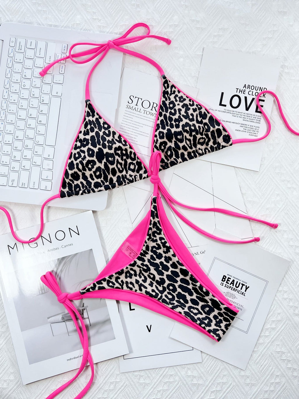 Leopard Print Halter Neck Tie Side Bikini Set - ELC Fashion