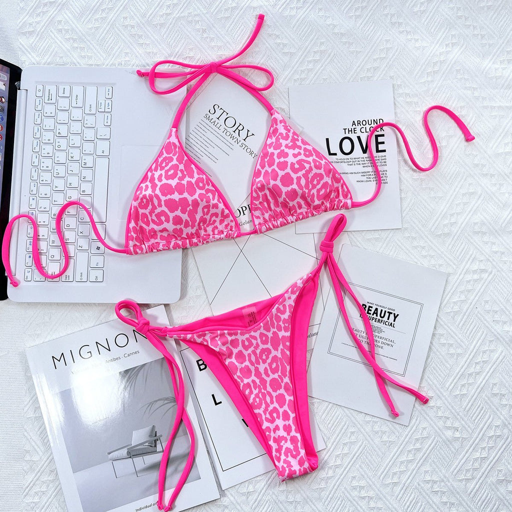 Leopard Print Halter Neck Tie Side Bikini Set - ELC Fashion